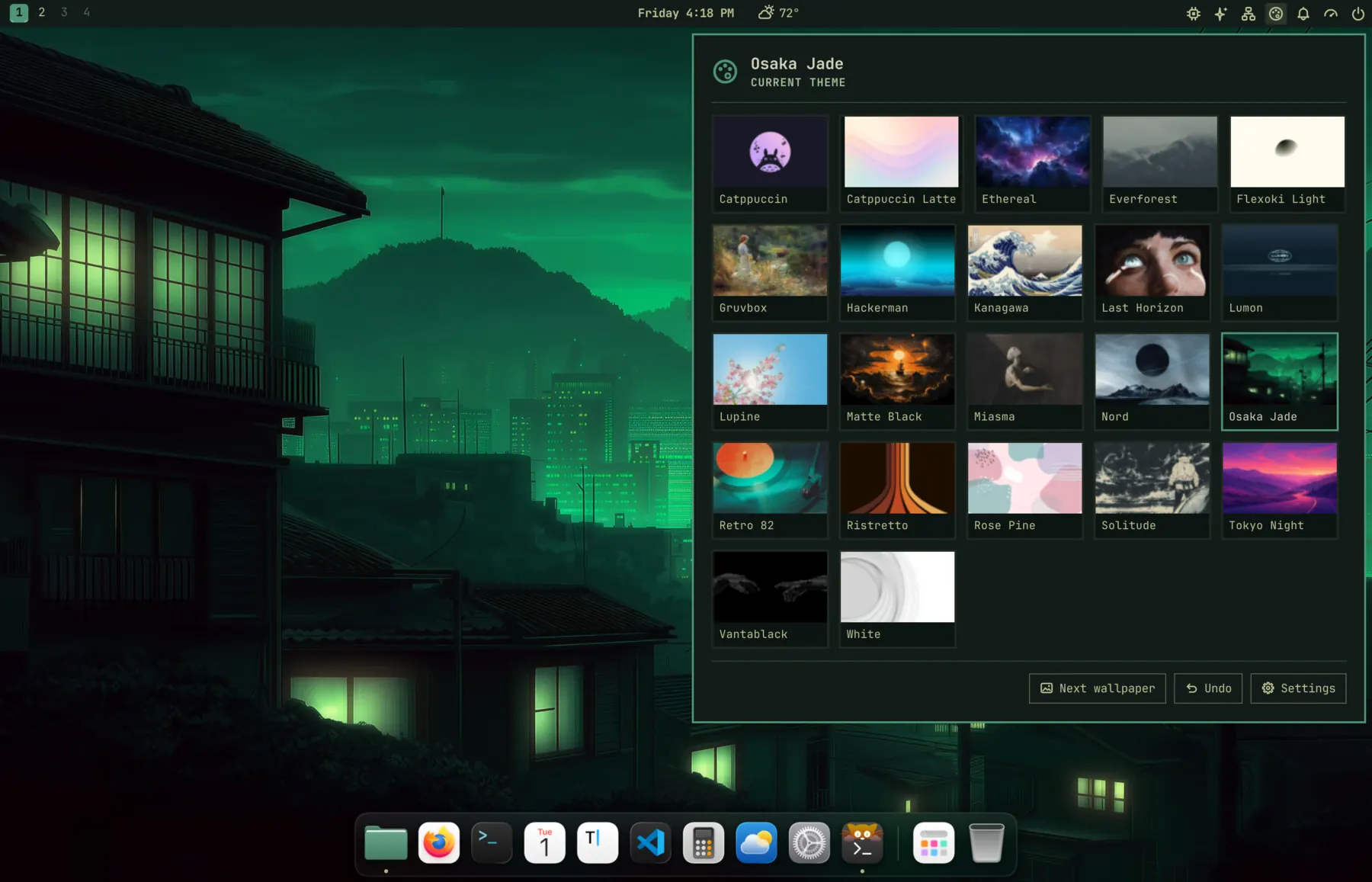 The theme picker open: wallpaper previews of all 22 themes, Osaka Jade selected